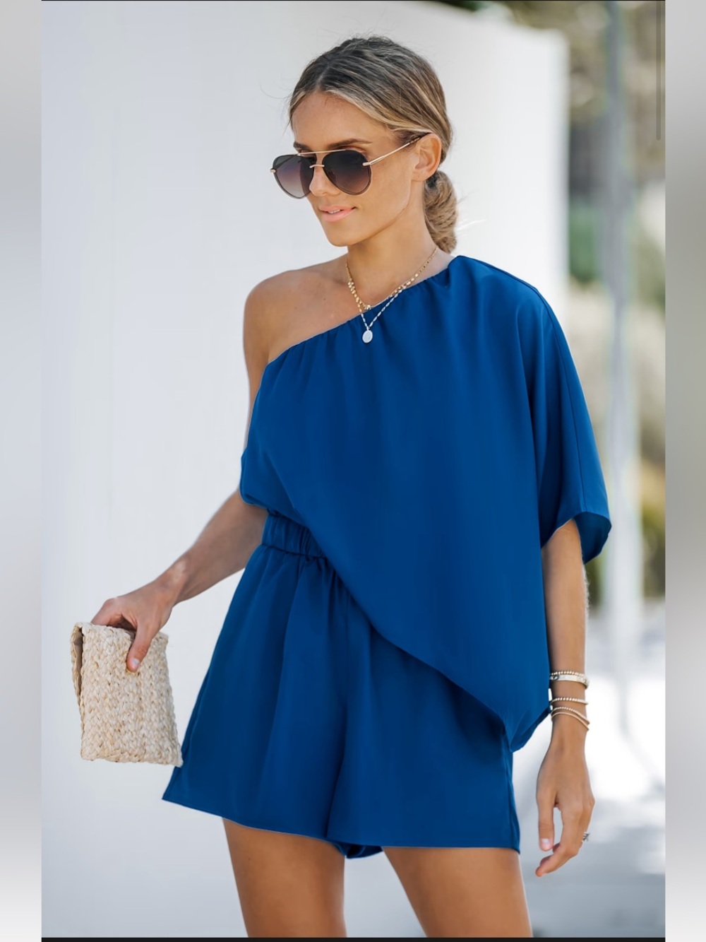 Cupshe One-Shoulder Royal Blue Asymmetric Romper Dress New